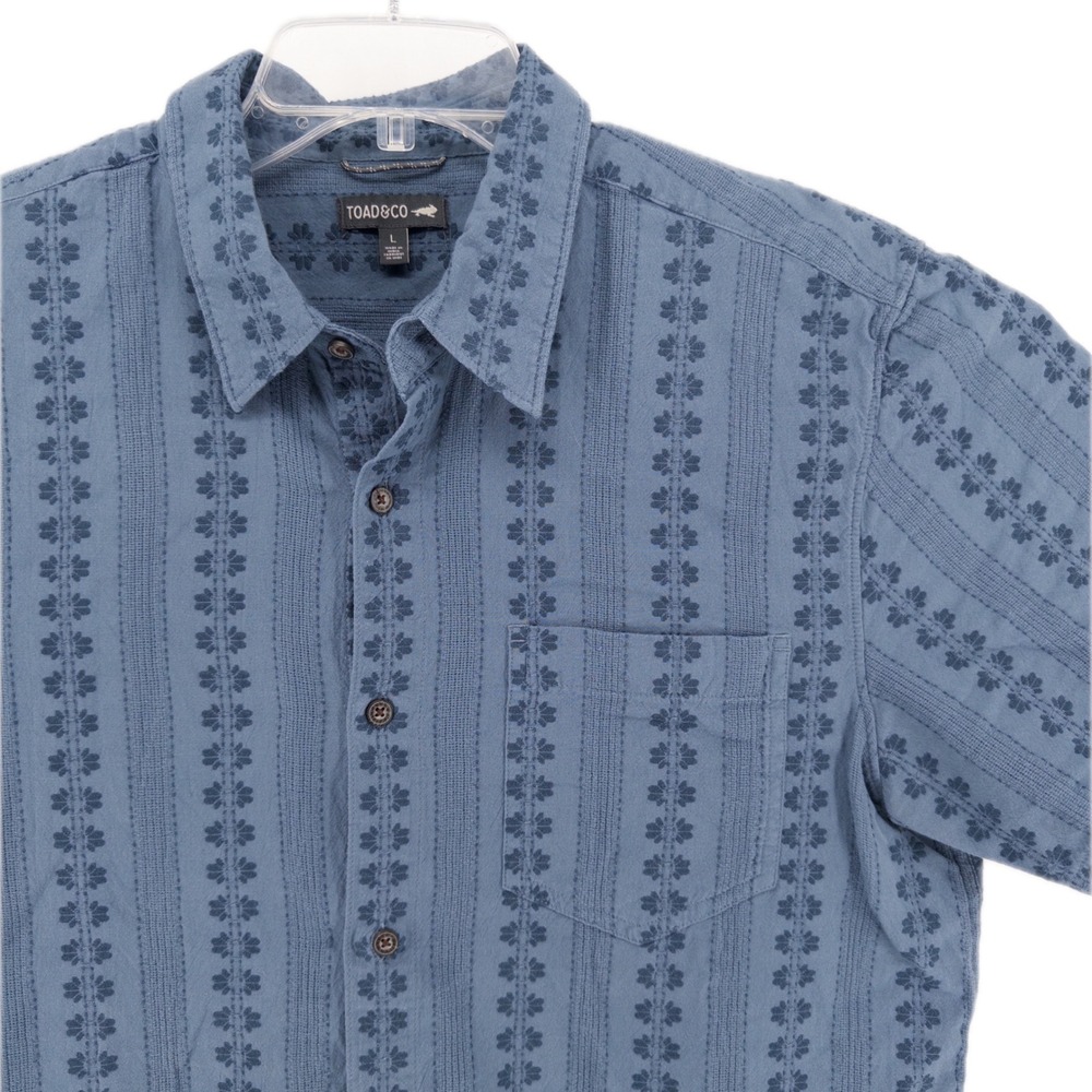 Toad & Co Mens Large Treescape Short Sleeve Shirt Blue Organic Cotton Textured